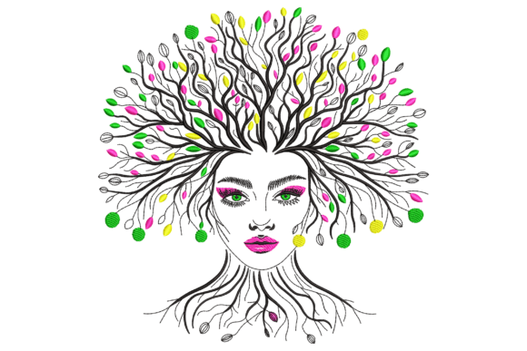 Tree Hair Woman Face Embroidery Design